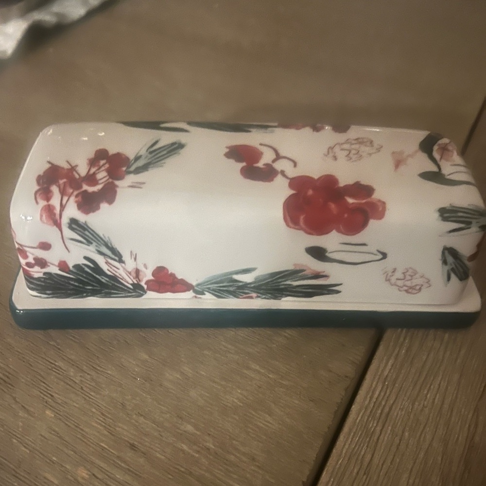 NEW NWT Anthropologie Holly And Pear Butter Dish Red Green Holiday - Picture 4 of 4